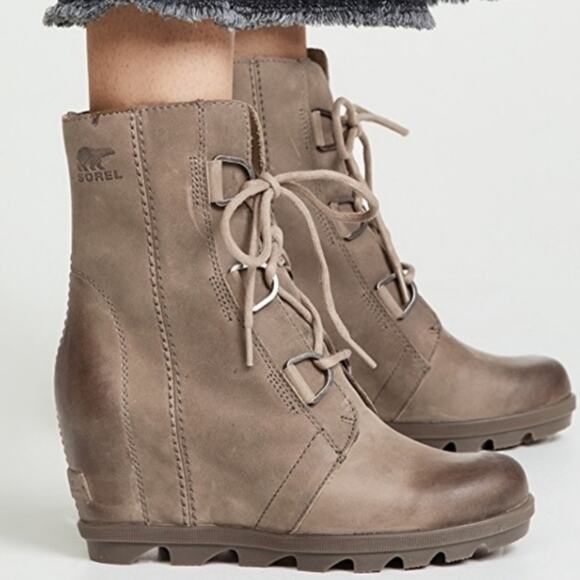 Sorel Joan Of Arc Wedge II Waterproof leather uppers Boots in Ash Brown 11 NEW - Picture 1 of 9